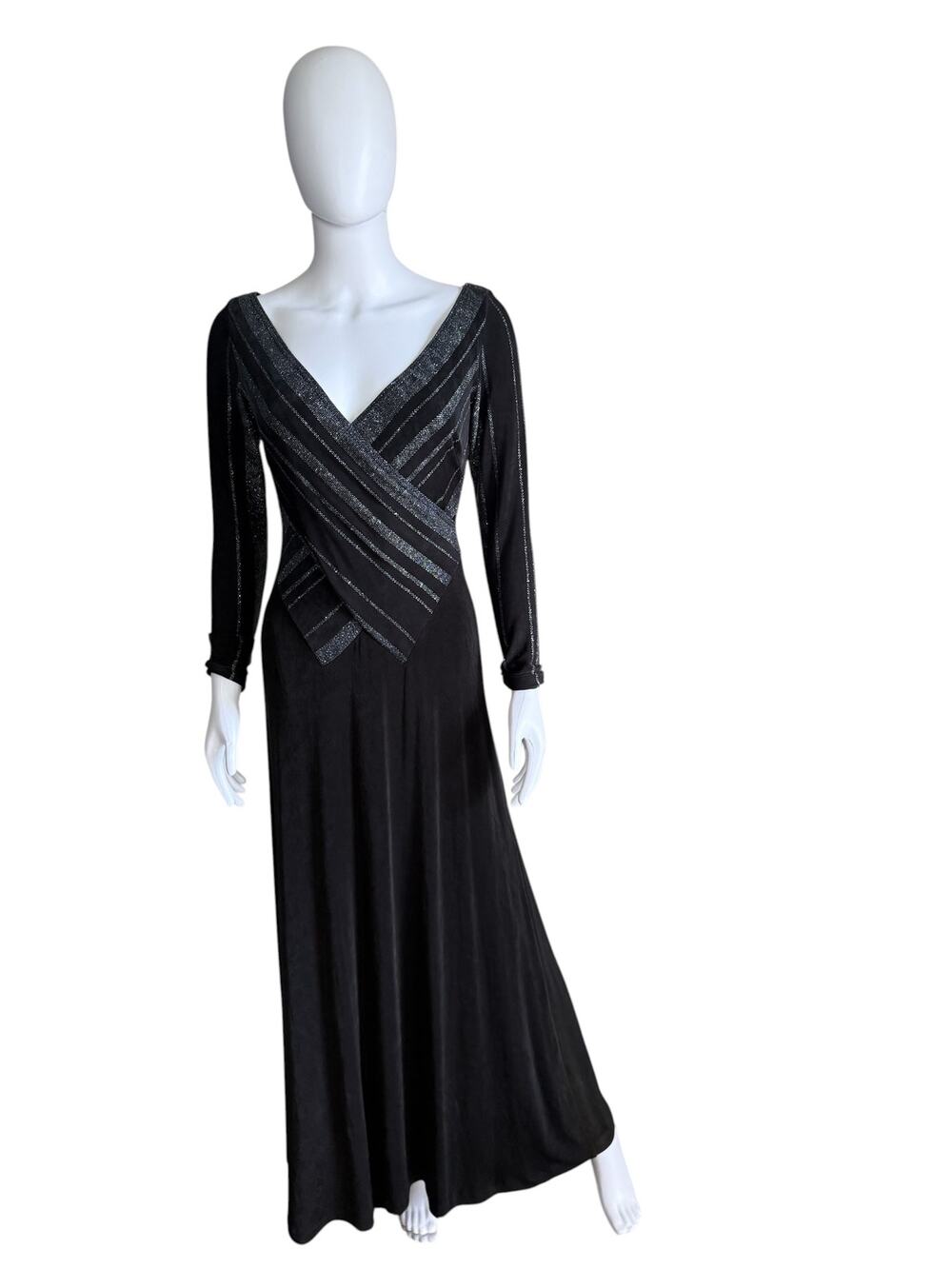 Vintage Cache Black Metallic Stripe Surplice Maxi Dress S/M